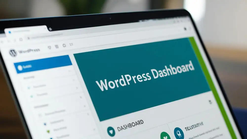 Image of a computer with wordpress loaded on it, showing the wordpress dashboard.