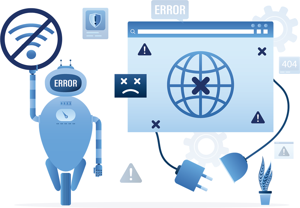 Illustration of robot and a broken website.