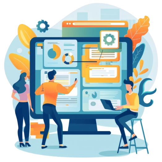 An illustration of three employees working through a brainstorming session on digital solutions