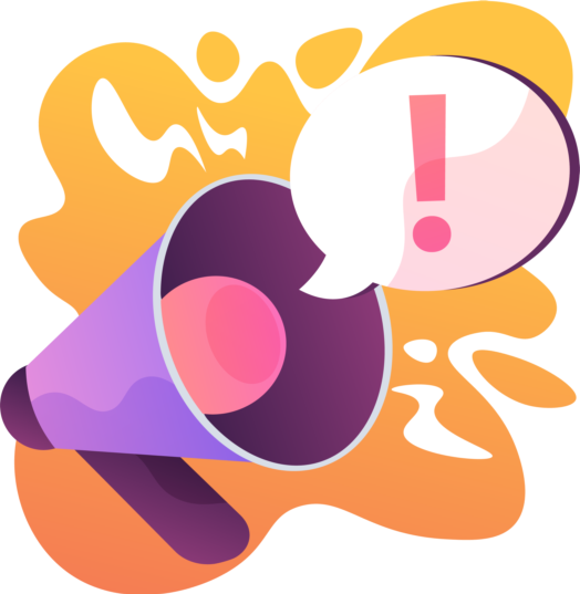 An illustration of a loudspeaker and comment bubble